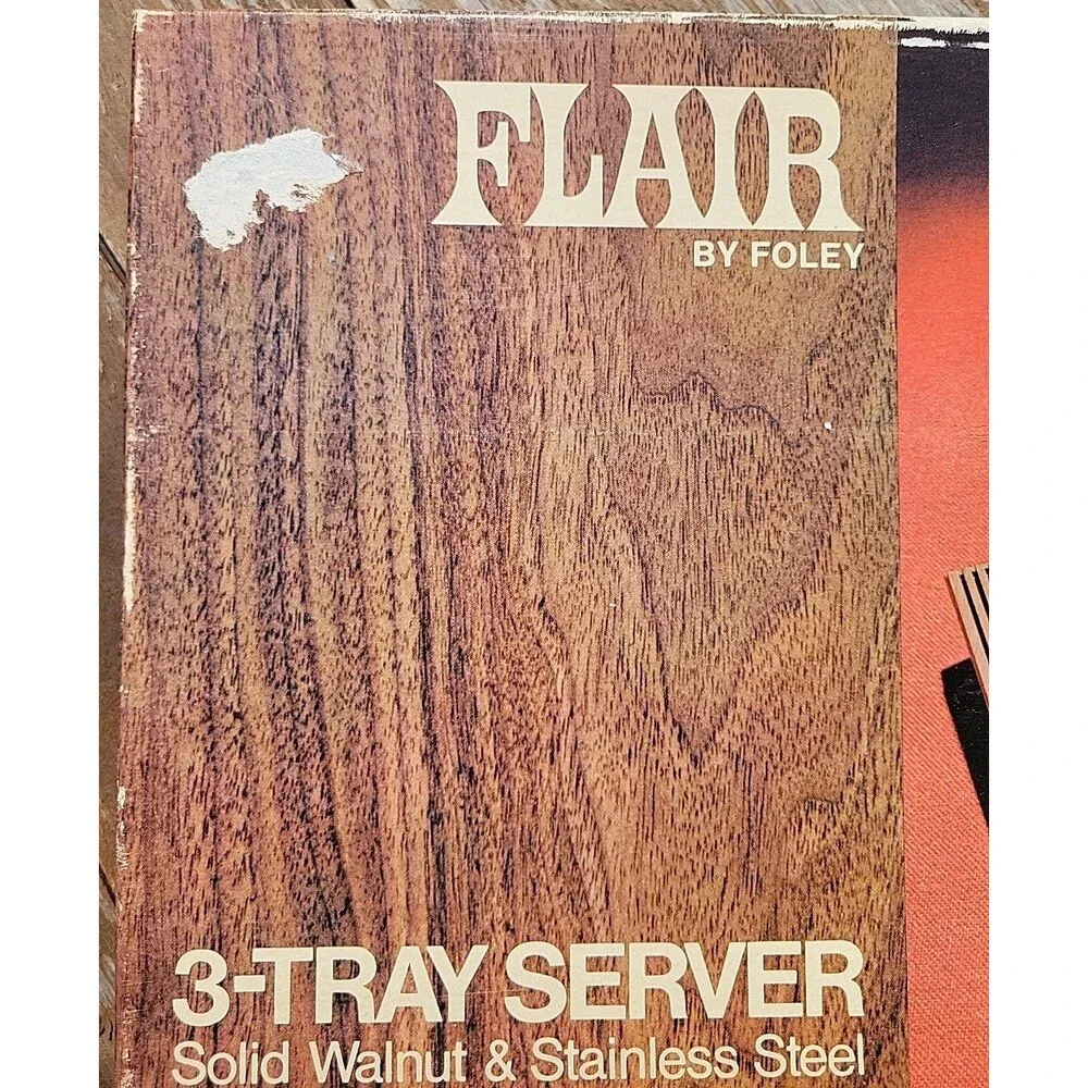 Vintage Flair by Foley Triple Server Solid Walnut & Stainless Steel MCM Picnic